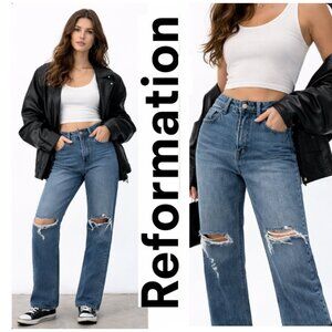 Reformation Selena High Rise Relaxed Jeans Distressed Straight Leg Size 24